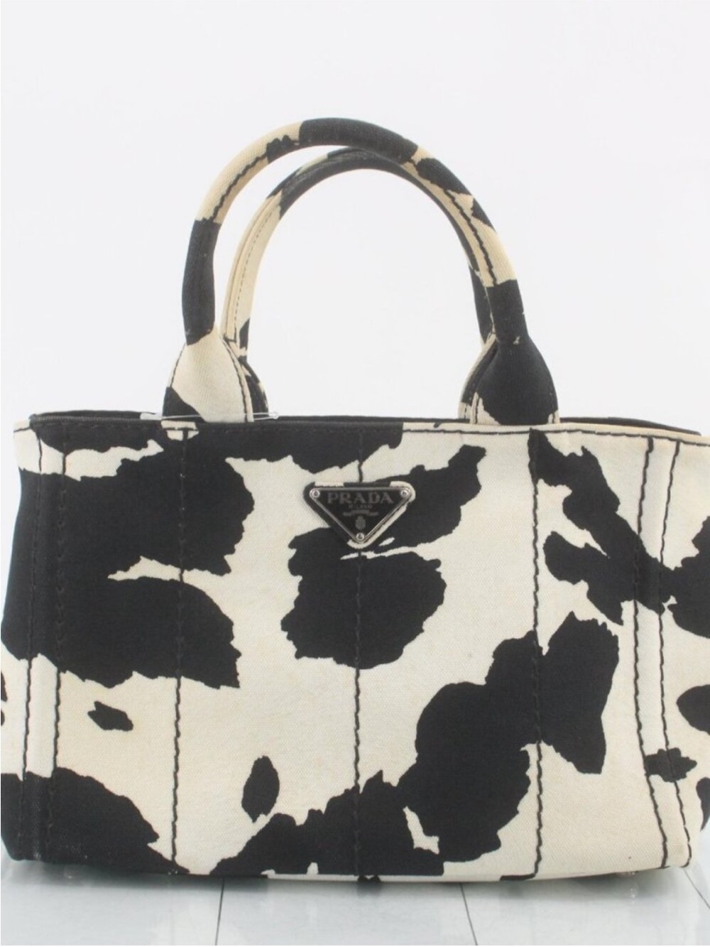 Prada Canapa St. Caval Handbag in Black/White Canvas Black and Cream Canva